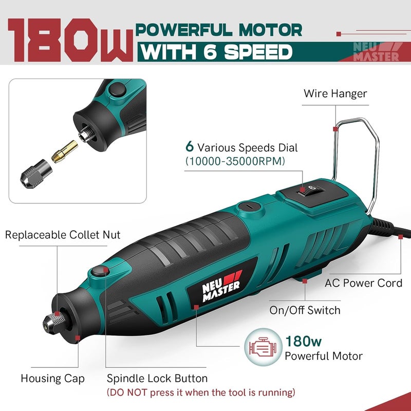 NEU MASTER 180W Rotary Tool Kit, Corded Power Rotary Tools with 160 Accessories and 6 Variable Speed, 10000-35000RPM Electric Drill Set for Handmade Crafting Projects and DIY Creations - Image 2